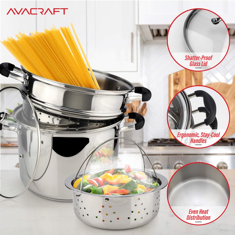 AVACRAFT 18/10 Stainless Steel, 4 Piece Pasta Pot with Strainer Insert, Stock Pot with Steamer Basket and Pasta Pot Insert, Pasta Cooker Set with Glass Lid, 7 Quart - Image 3